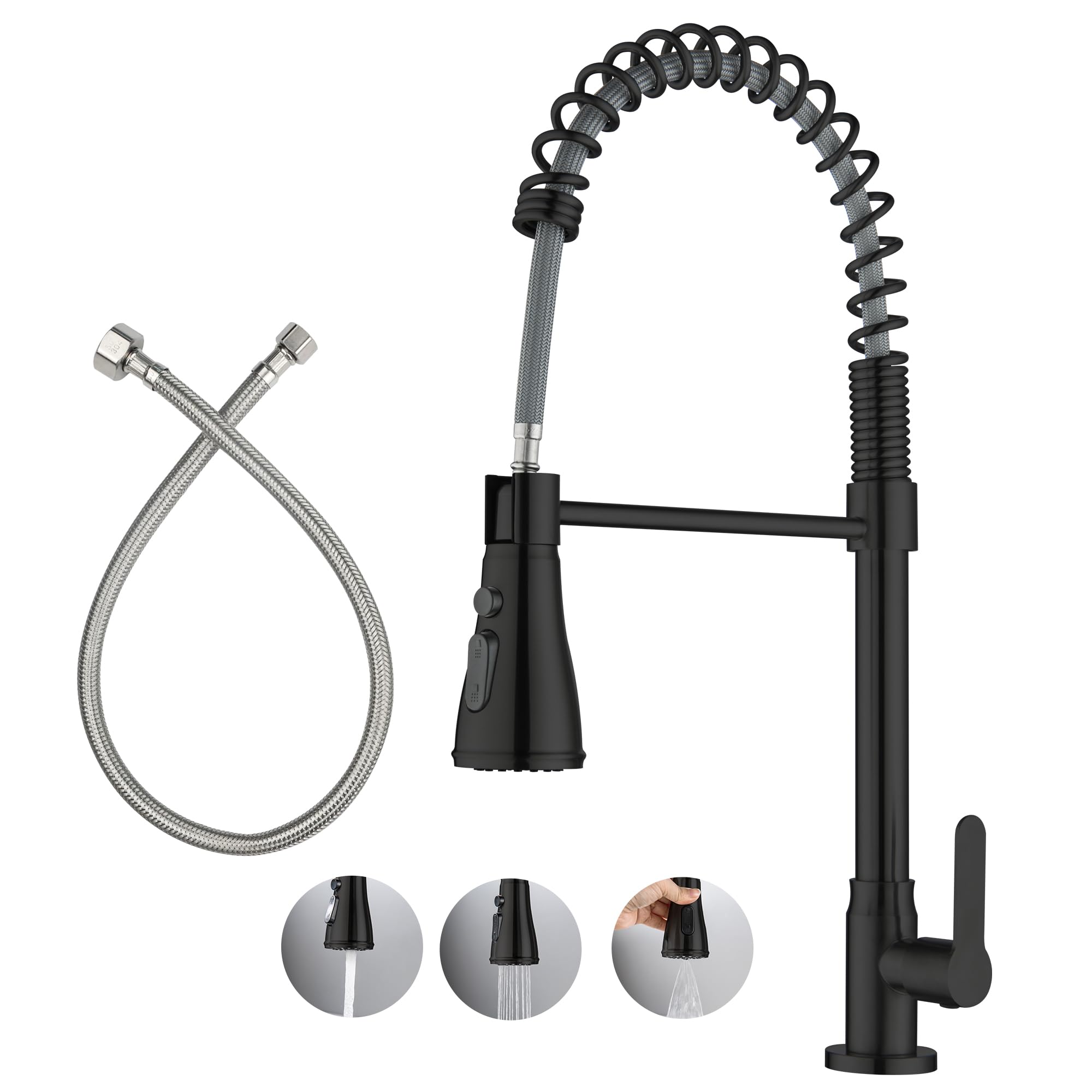 LIWEIKE Cold Water Only Kitchen Sink Tap Matte Black Cold Water Tap with 3 Jet Types 360Β° Rotating Cold Water Tap Only with 60cm Stainless Steel Connection Hoses