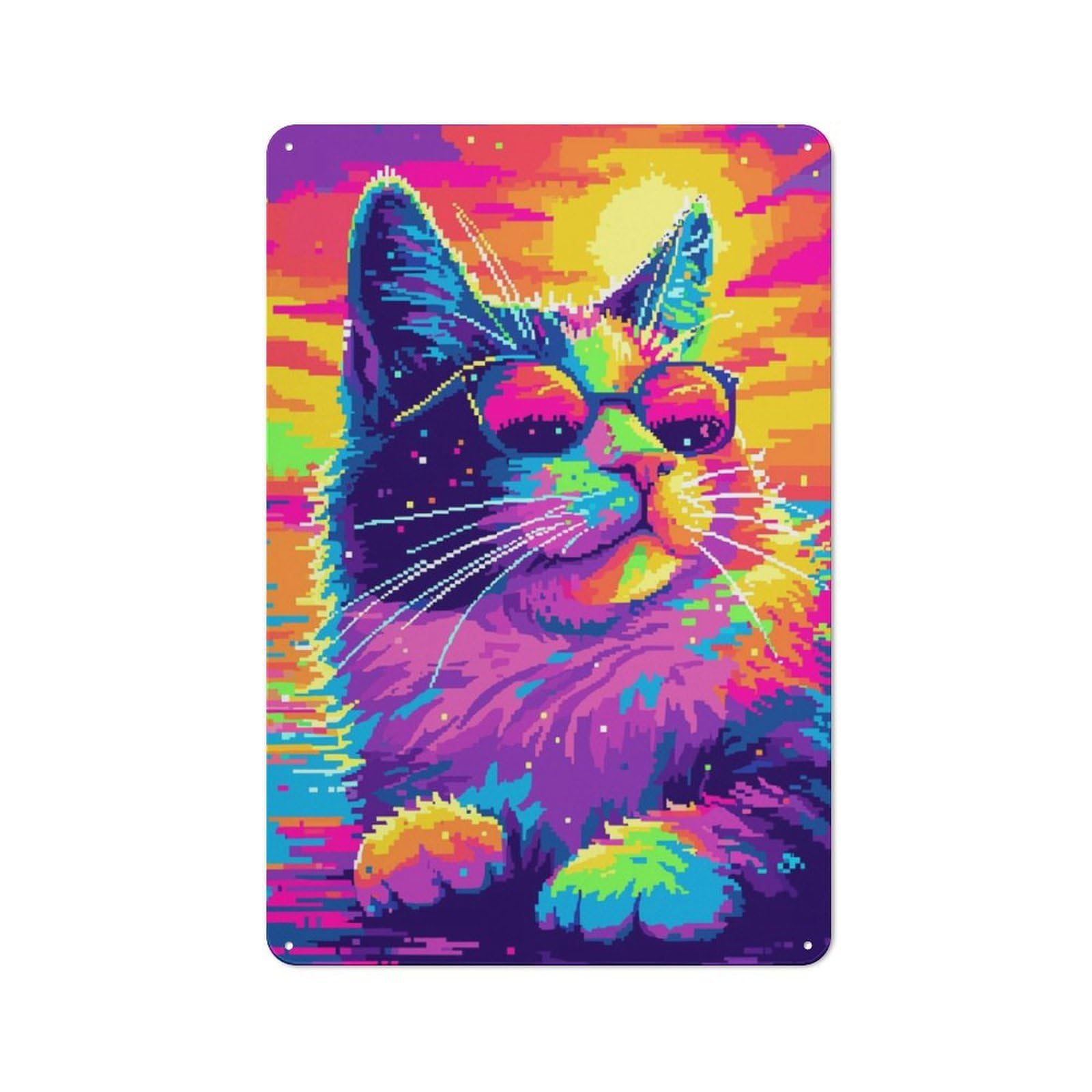 Junmoney Cool Popart Cat Tin Wall Plaque 30X20cm With For Living Room Wall, Gift For Feature Wall Decorators During The Christmas Season