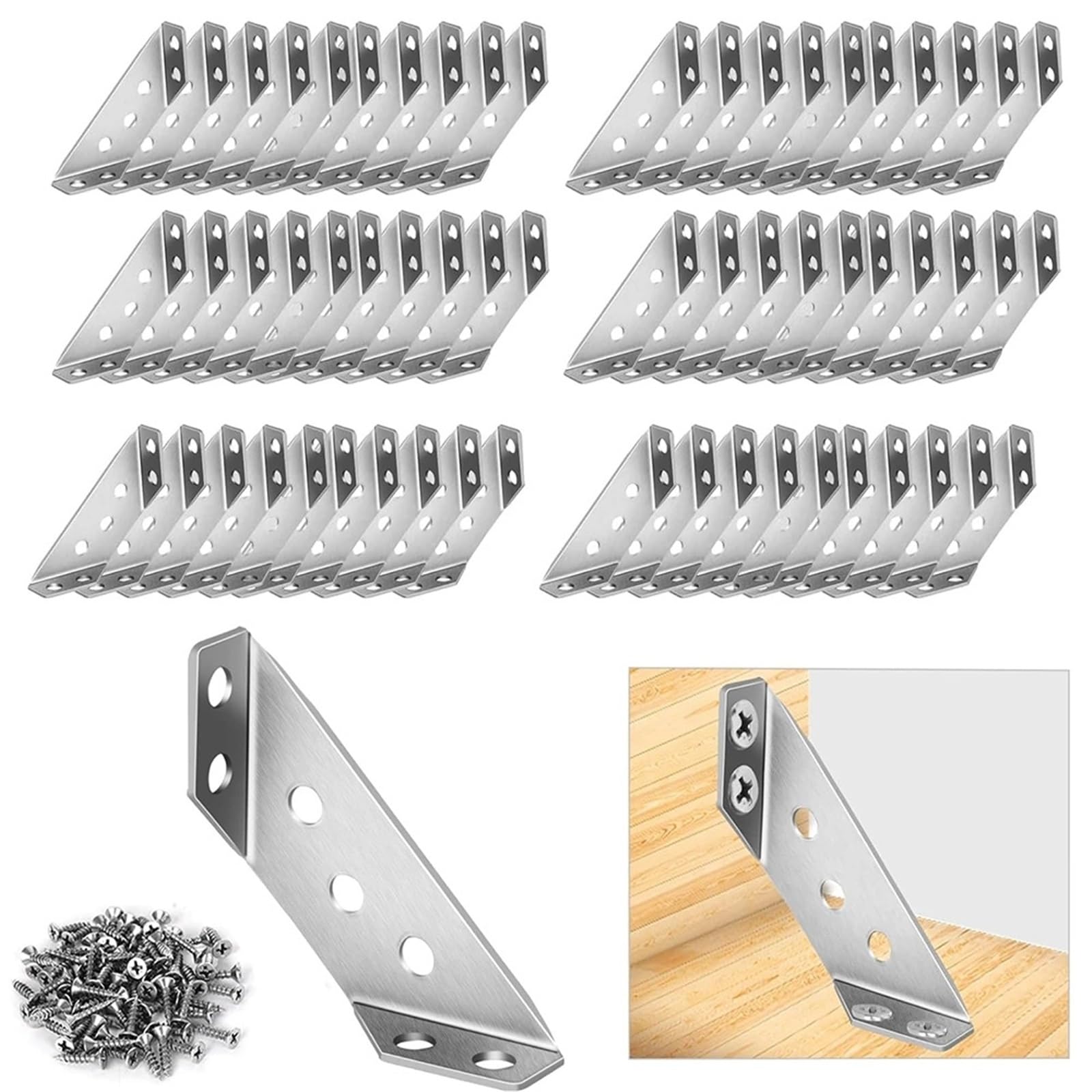 Jfnklfg One Color Metal Brackets 60Pcs Triangle Shaped Corner Bracket - Stainless Steel Brace Drawer Shelf Wall Fixing Portable Angle