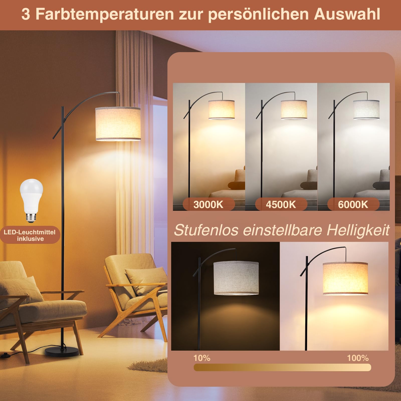 FIMEI Bogen-Stehlampe fürs Wohnzimmer, 187.4cm, dimmbare LED, stufenlos einstellbare Farbtemperatur, hohe Stehleuchte mit Trommelschirm, Fernbedienung, 9W LED-Birne, ideal für Lesen, Schlafzimmer