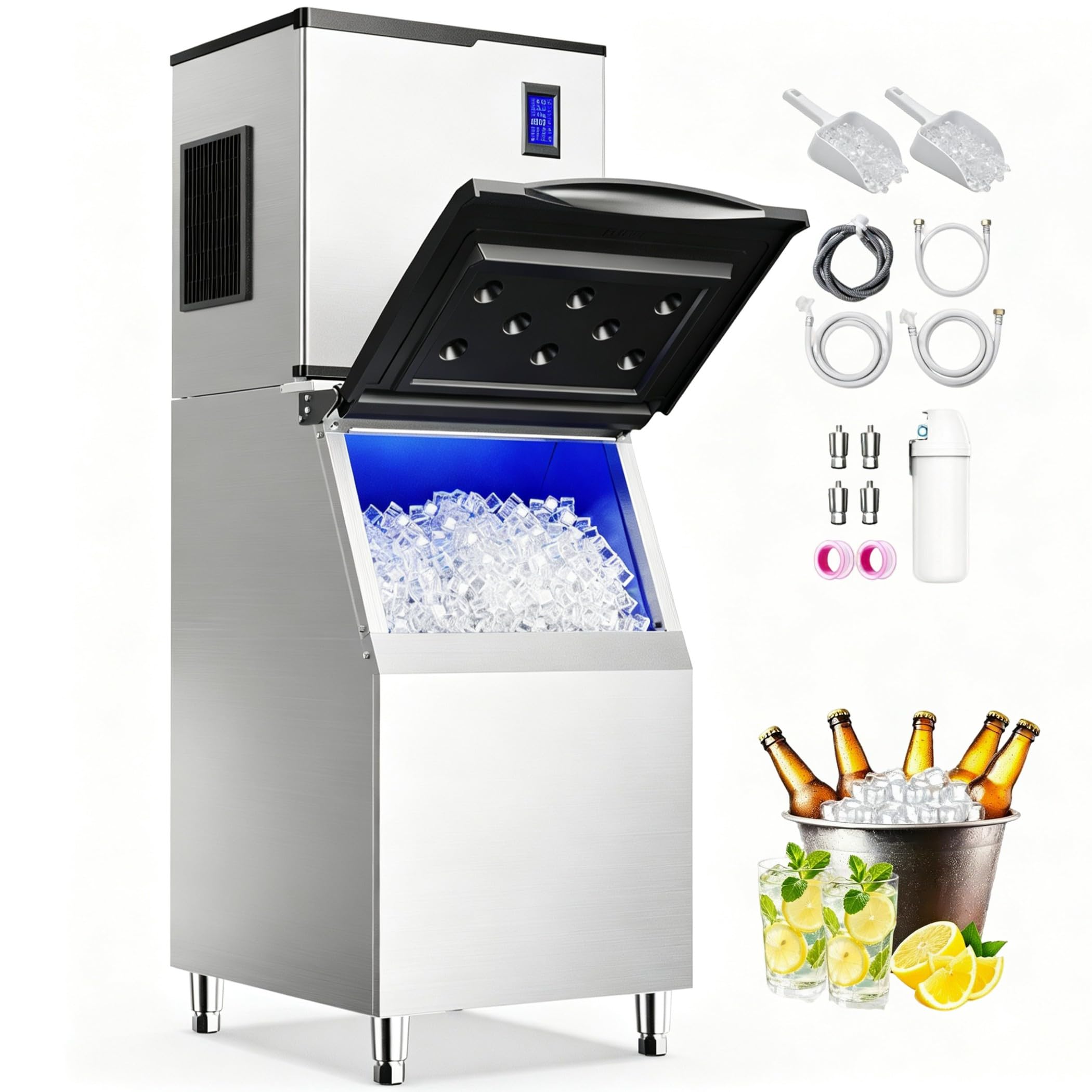 coolake commercial ice maker machine 550lbs/24h with 360lbs storage, ice ready in 5-15 mins, self cleaning, stainless steel freestanding ice machine for bar restaurant cafe work truck (incomplete top only)