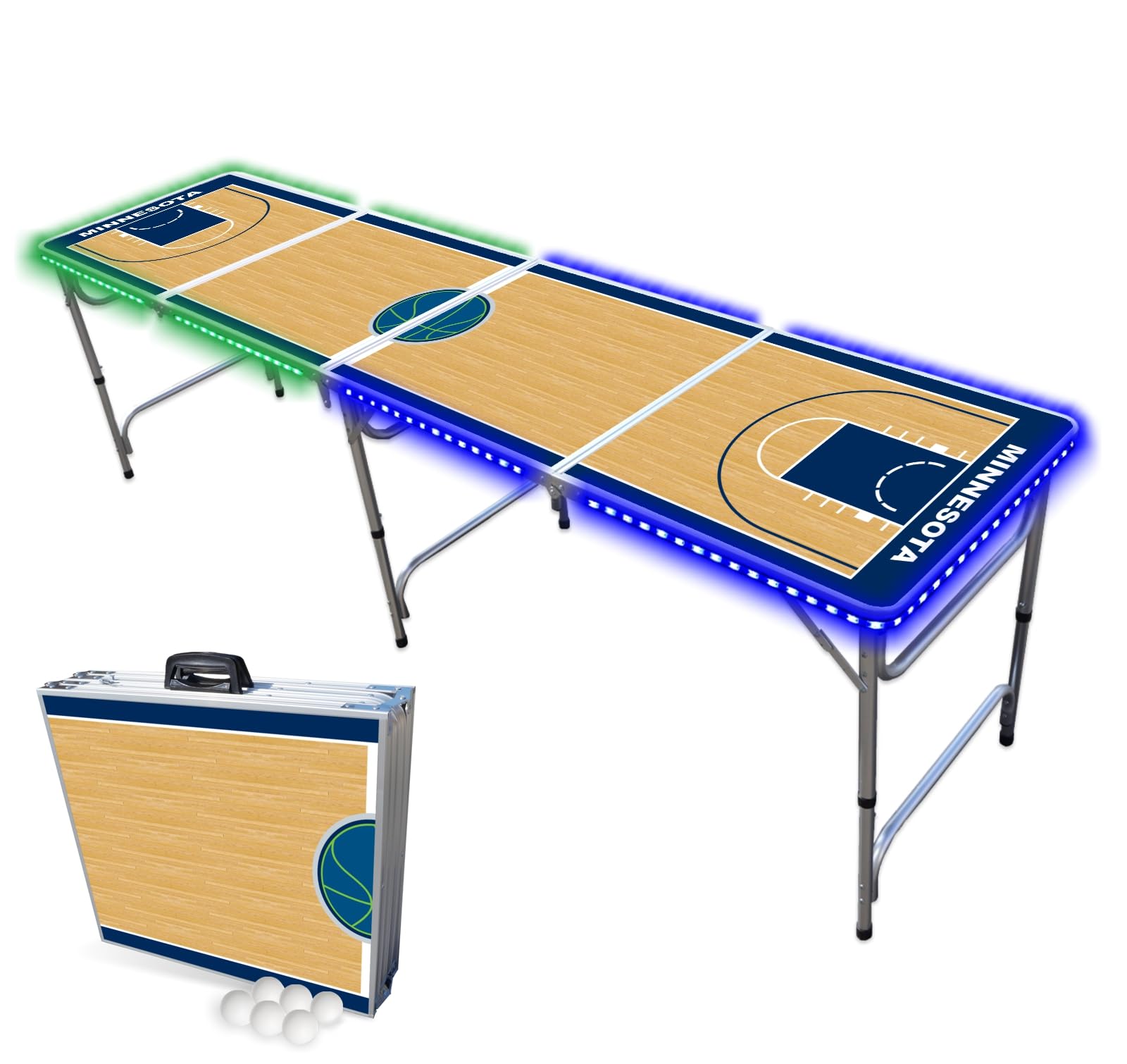 8-Foot Professional Beer Pong Table w/LED Lights - Minnesota Basketball Court