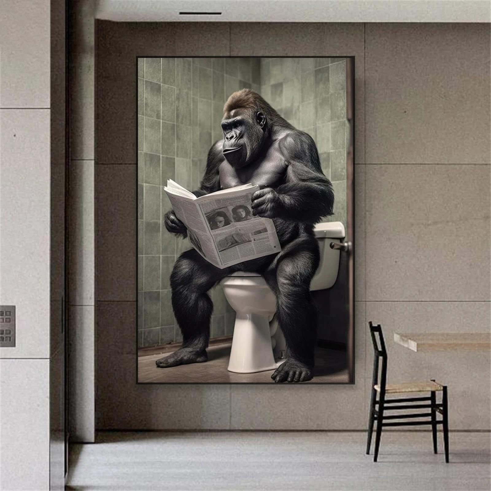 Bmgkyagl Frameless Funny Bathroom Poster Gorilla Sitting On The Toilet Print Modern Animal Canvas Painting Wall Art Toilet Home Room Decor 60X80cm