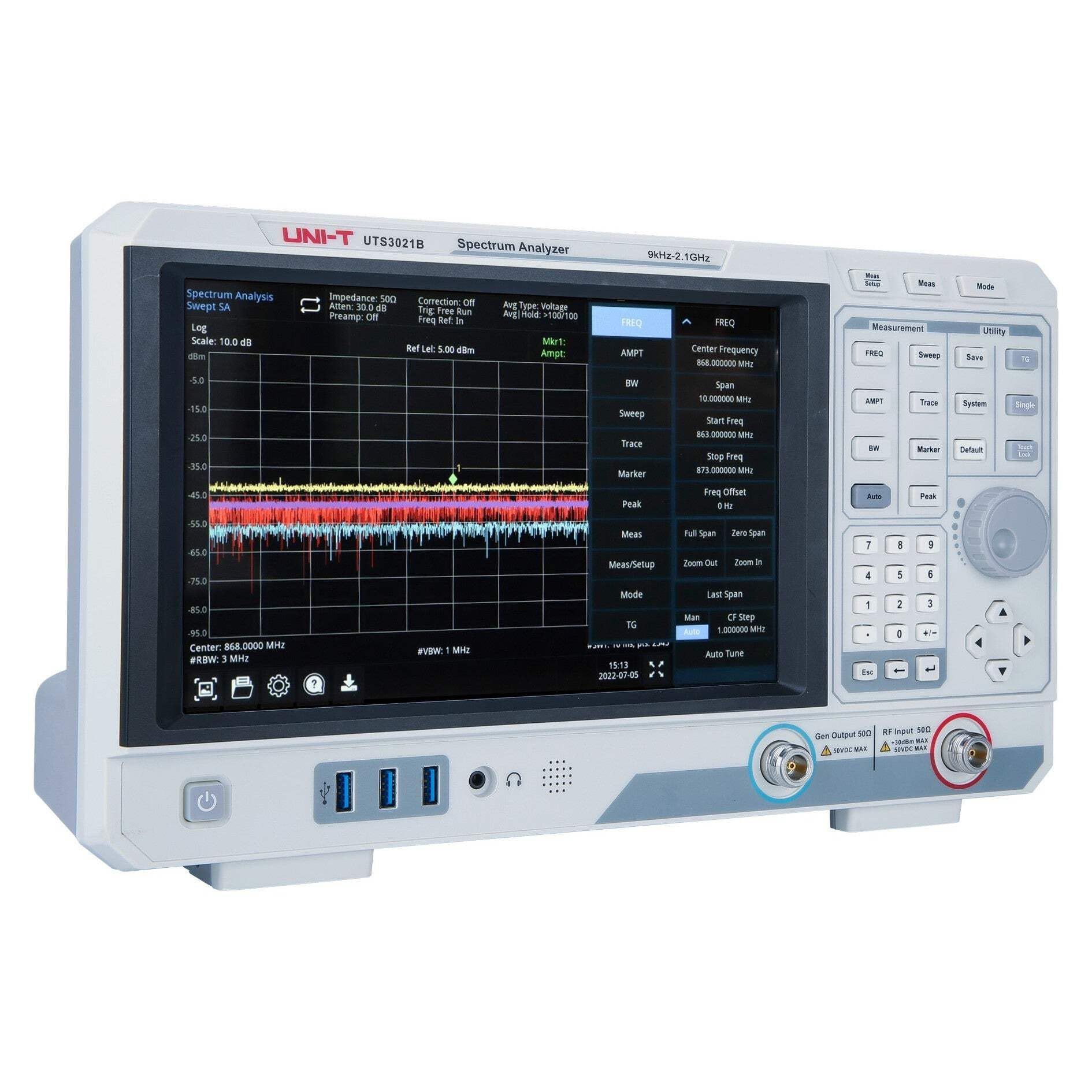 UNI-T UTS3021B Spektrumanalysator Touchscreen 9kHz~2,1GHz RBW 1Hz~3MHz 6x traces