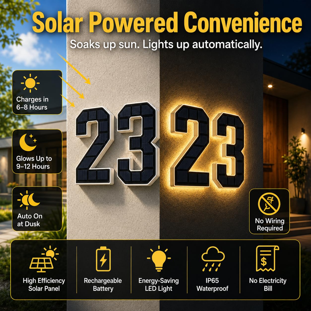 Señal de número de casa solar de 9 pulgadas para exterior, señales de números de dirección LED impermeables grandes, para visibilidad nocturna exterior 7