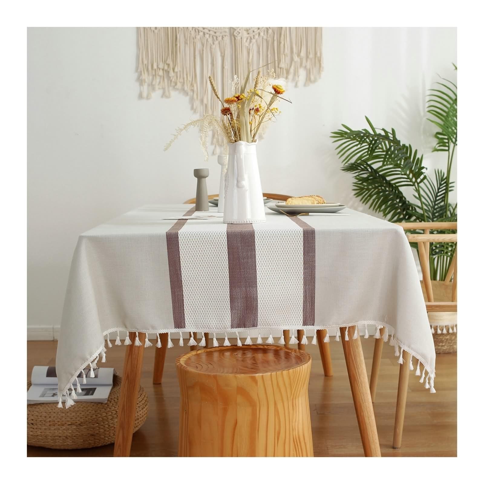 Tischtuch XXL, Tischdecke Garten 140x200 DREI Streifen Gartentischdecke Abwaschbar Sommer Rot Braun Tischdecke Garten Boho Polyester