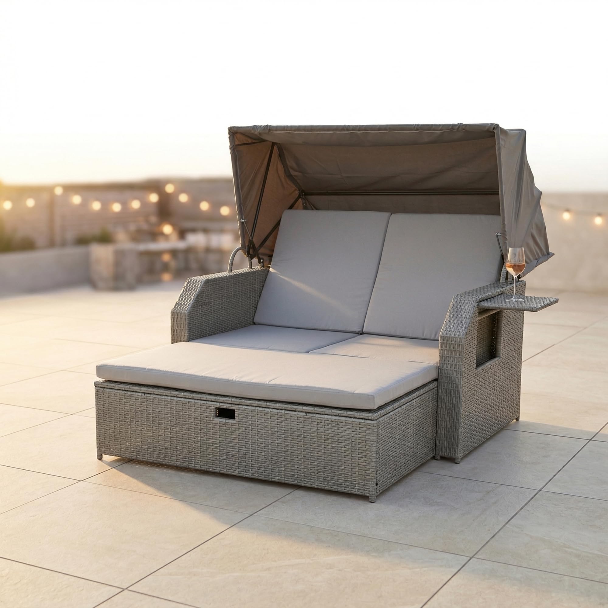 Mucola Strandkorb inkl. Sonnenschutz Polyrattan Sonnenbett inkl. verstellerbarer Rückenlehne und klappbaren Seitentischen Outdoor Lounge wetterfest