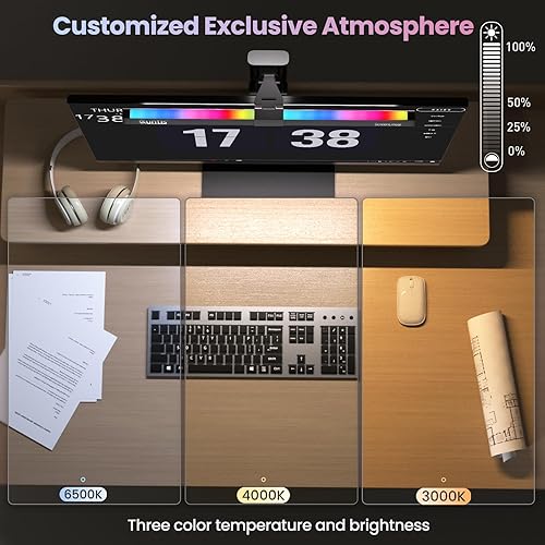 Miniatura 5 de Quntis Luz de monitor RGB retroiluminada, doble barra de luz para juegos, lámpara de escritorio de oficina, 15 modos regulables, temperatura de 3