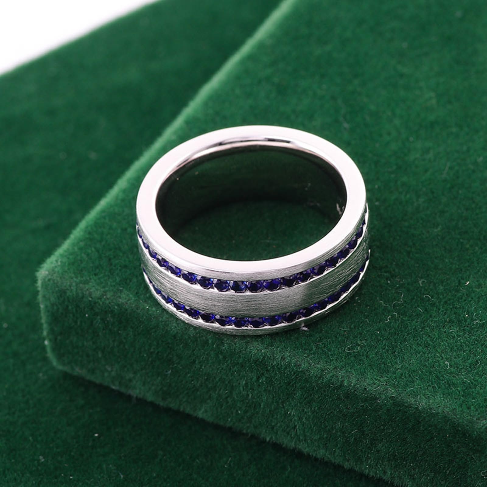 Alianzas decorativas para boda, anillo ancho, mate, cristal cepillado con zafiro redondo sintético