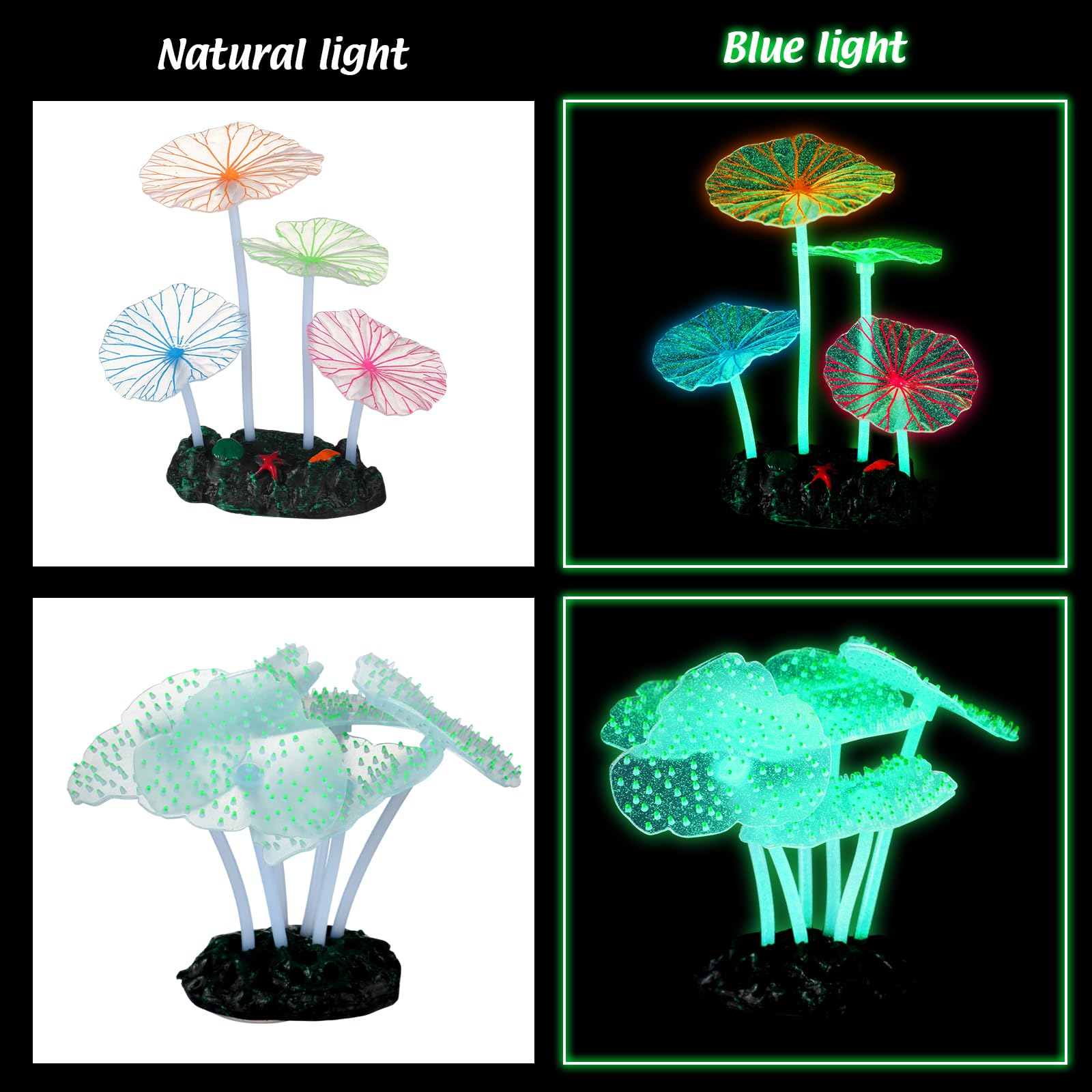 Frienda Lot de 8 plantes lumineuses pour aquarium avec 2 styles de varech, anémone de mer, corail artificiel, méduse, feuille de lotus, champignon pour aquarium (bleu, rose)