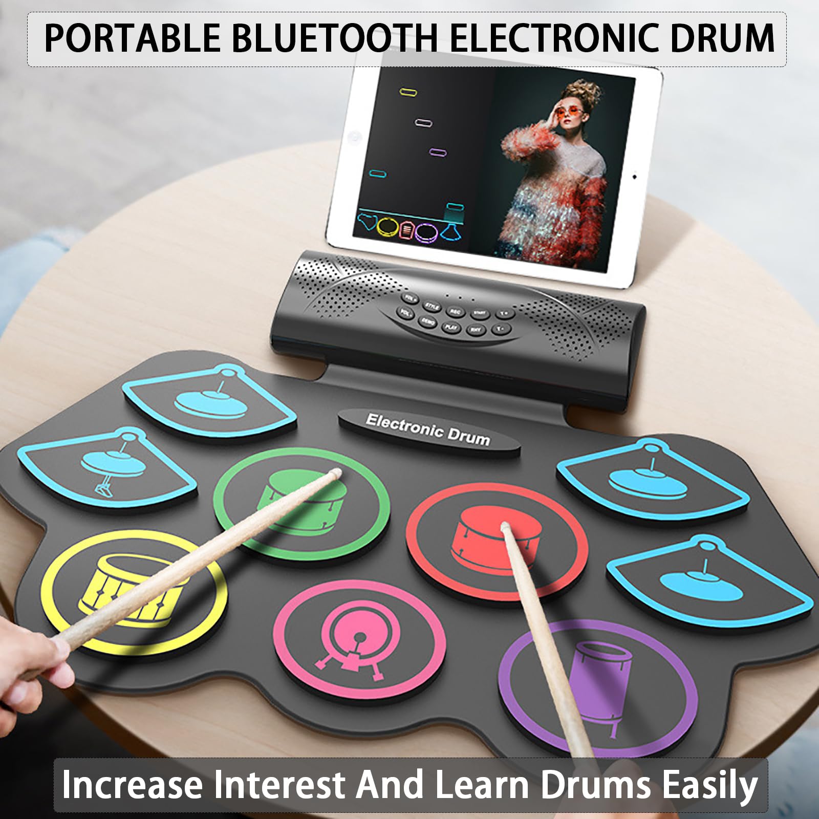 Batería Electrónica Bluetooth Portátil, Batería De Práctica Para Principiantes, 9 Pads De Batería + Tecnología MIDI Conectada A La Aplicación + Grabación De 1 Botón + Amplificador Externo ,Black