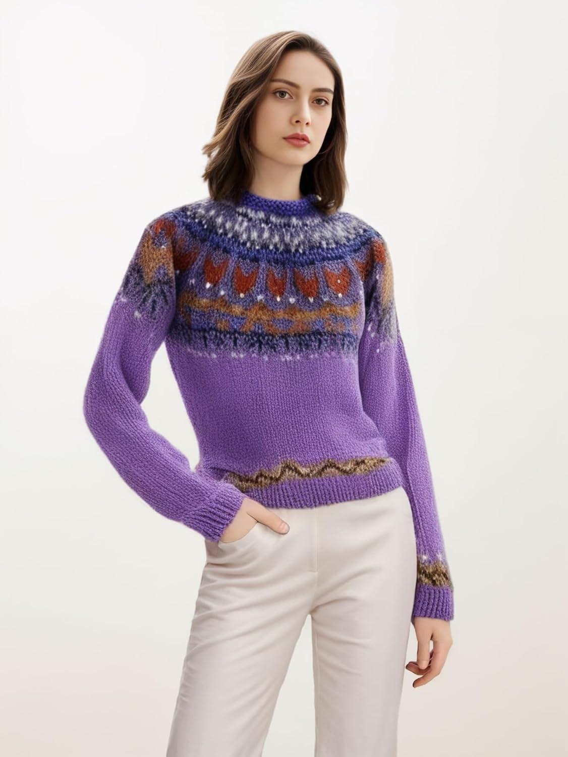 Women's Classic Fair Isle Pattern Knit Sweater 2024 Trendy Casual Loose Crewneck Long Sleeve Lightweight Jumper Tops