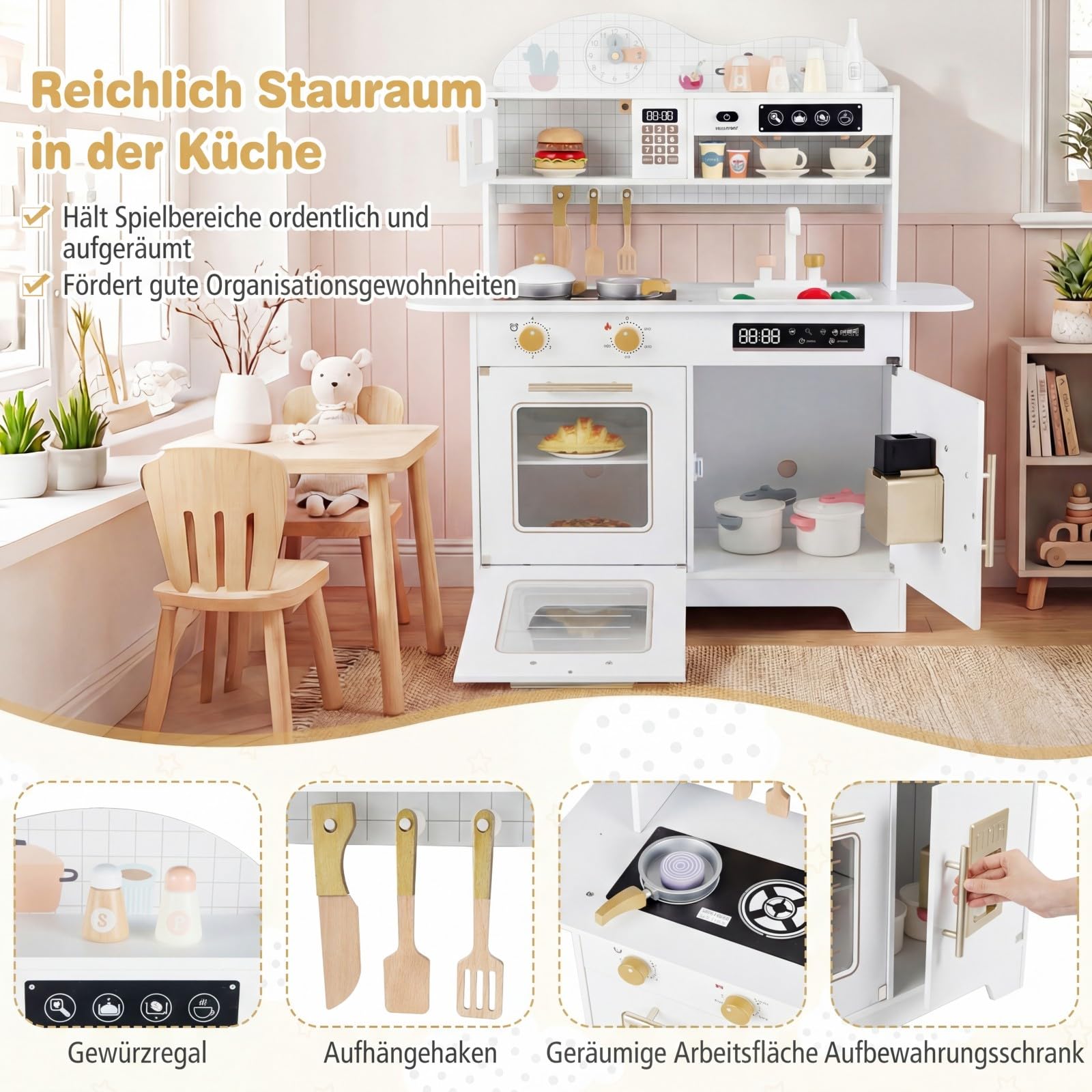 COSTWAY Kinderküche, Spielküche Holz mit 17 Zubehörteilen, Spielzeugküche mit Backofen, Eismaschine, Mikrowelle & Herd, Holzküche für Kinder ab 3 Jahren (Weiß)