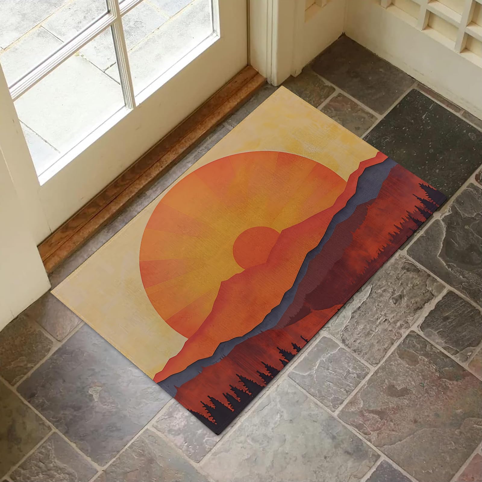 VANZEV Retro Sunset Indoor Door Mat for Entryway, 17x29.5 Inch, Vintage Sun and Mountain Floor Doormat for Home Decor, Non-Slip Rug Mat for Living