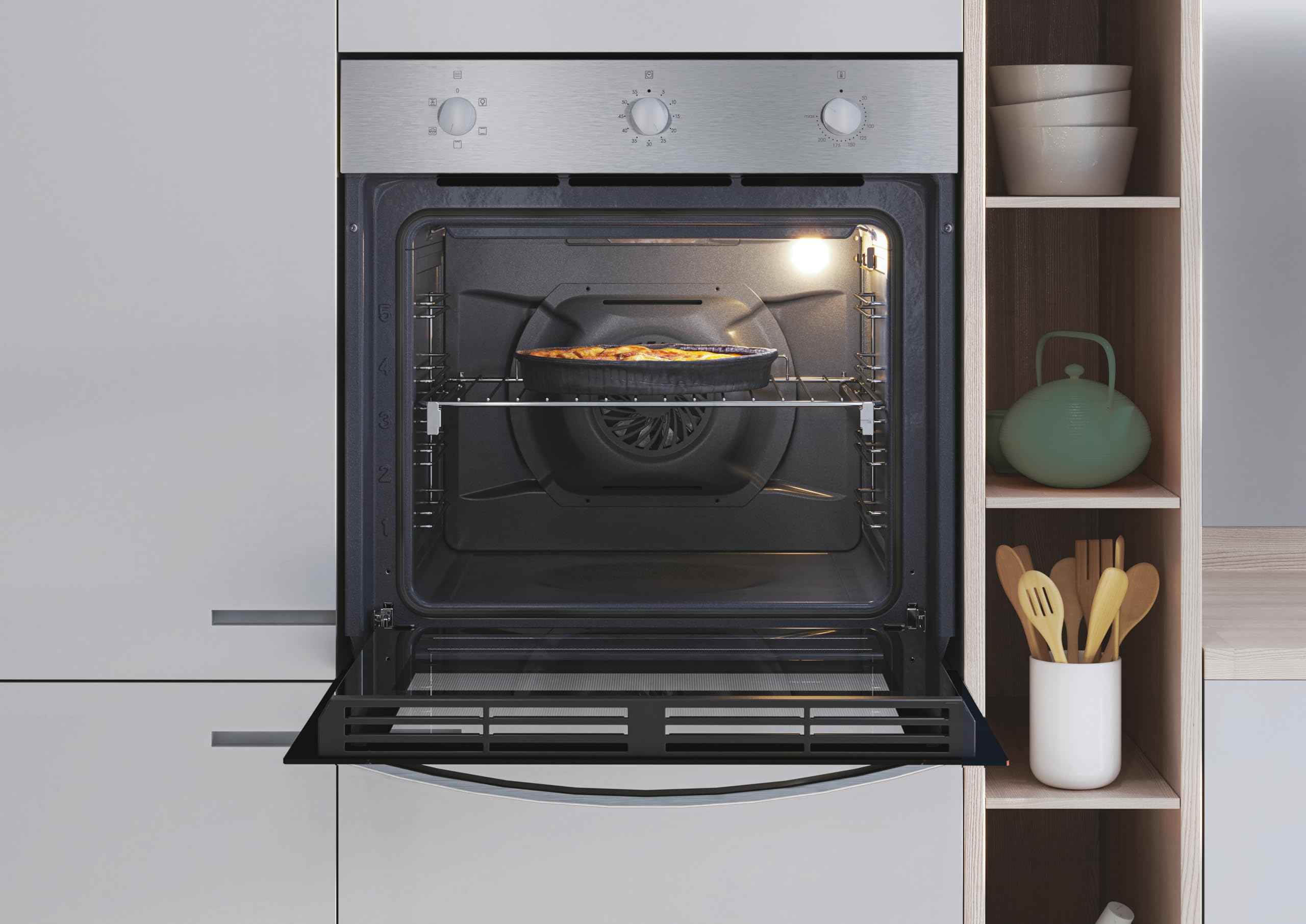 Candy Idea FIDC X532, Horno Multifunción, 65L, 1 Bandeja y 1 Rejilla, Guía Telescópica, Convección + Ventilador, 5 Funciones, 3 Mandos Mecánicos, 2100W, Puerta Doble Cristal, Inox y Negro