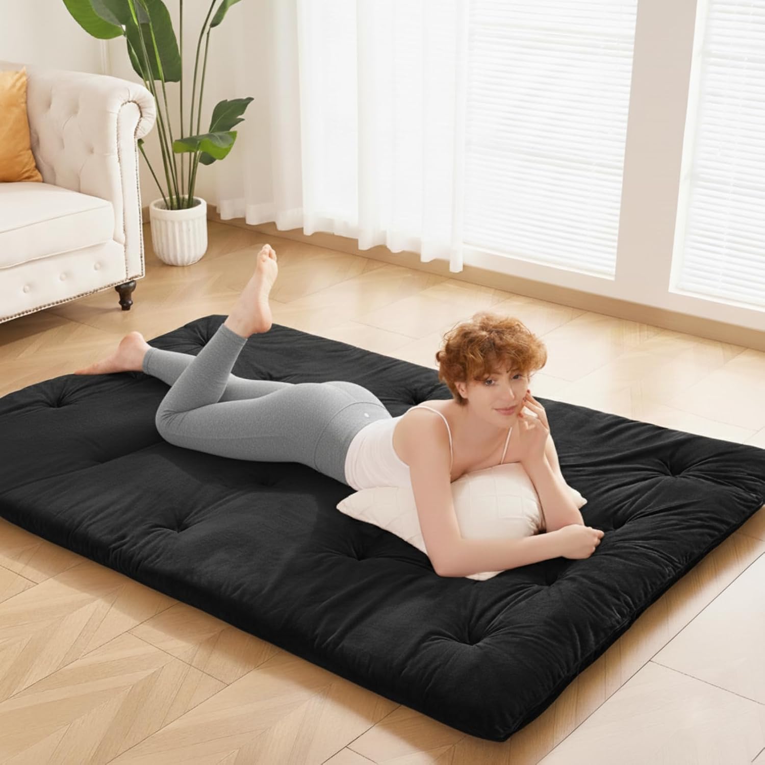 Japanese Floor Futon Mattress Full Size 54"x 80", 2.5'' Thick Foldable Roll Up Floor Bed Sleeping Pad, 25D Foam Filled Tatami Mat with Straps for Guest Room, Dormitory & Camping, Black Black Full(54"*80")