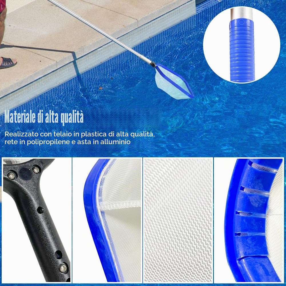Retino per Pulizia Piscine,Professionale Retino Piscina,Retino per Piscina con Manico Telescopico,Retina Raccogli Foglie per Piscina Contelaio in Alluminio,Rete a Maglia Fine,Skimmer per Piscina