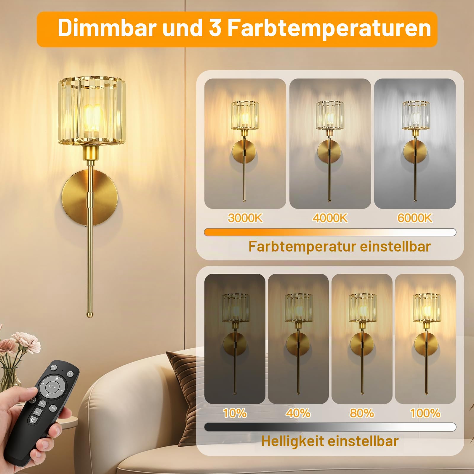 LED Wandleuchte Innen Akku 2 Stück - Kristall Wandlampe Innen Dimmbare 3 Farbtemperatur - 45CM Gold Wandlampe mit Schalter und Fernbedienung für Wohnzimmer Schlafzimmer Treppenhaus TV Wand