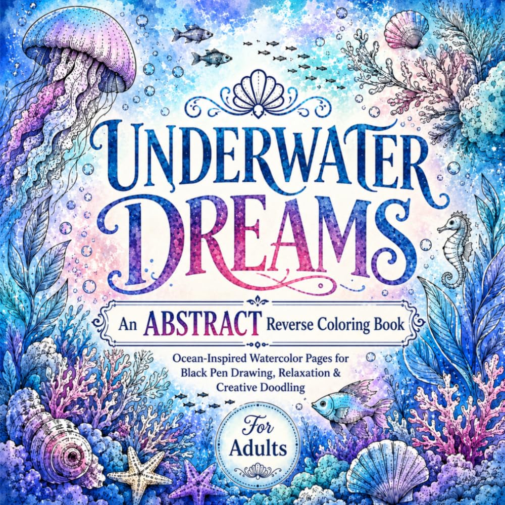 Draw the lines Underwater Dreams: An Abstract Reverse Coloring Book for Adults with Ocean-Inspired Watercolor Pages for Black Pen Drawing, Relaxation, and Creative Doodling (Atelier Reverse)