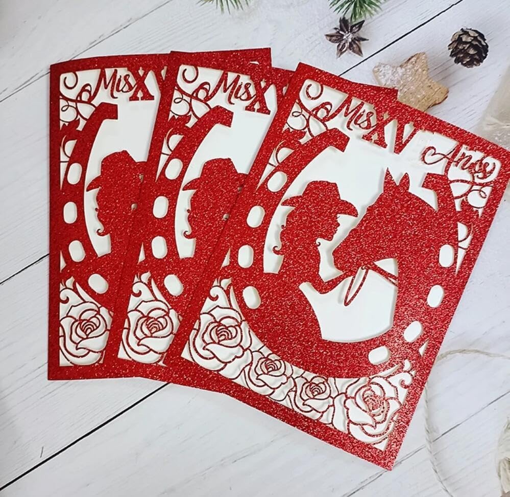 Miniatura 3 de 50 tarjetas de boda occidentales cortadas con láser para quinceañera, invitación de quinceañera, dulces dieciséis fiestas (rojo, solo fuera tarjeta)