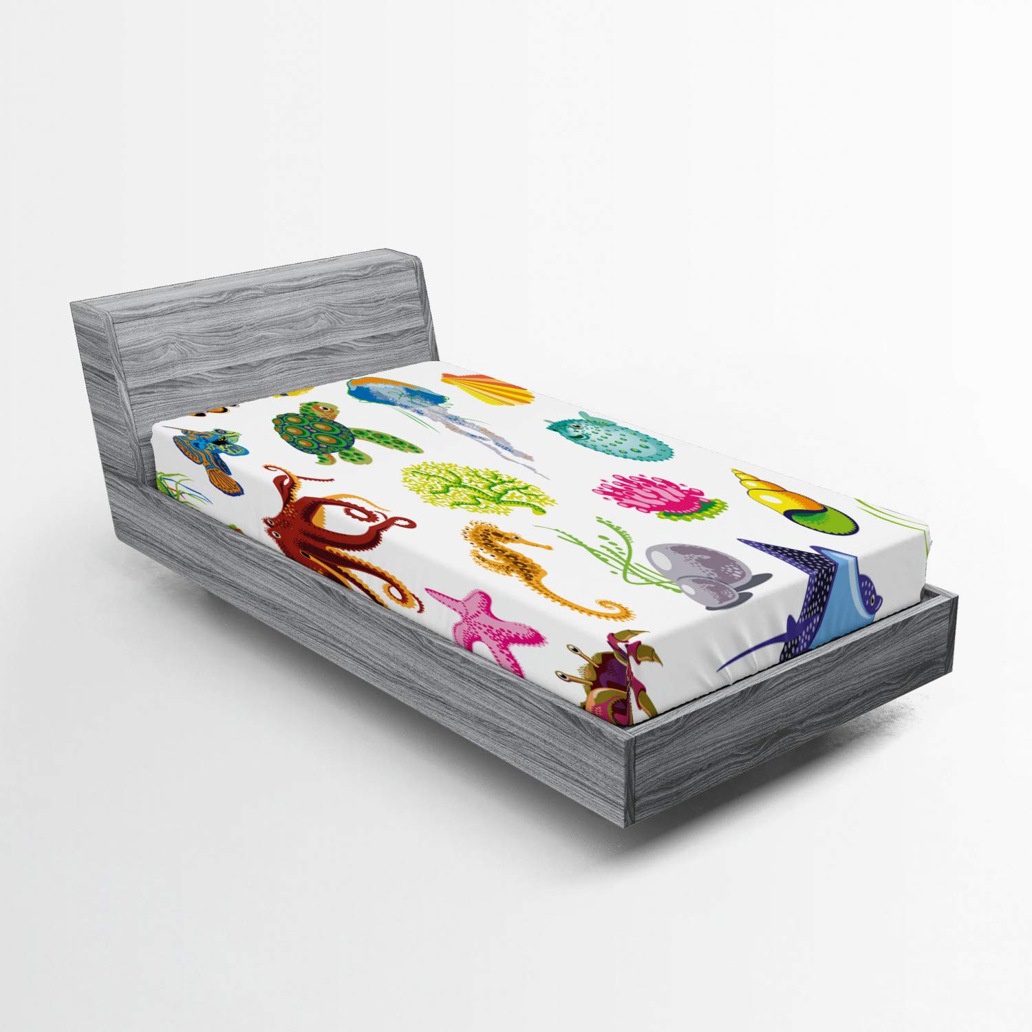 Ambesonne Marine Fitted Sheet Set, Sea Animals Octopus Dolphin Shells Stingray Crab Turtle Jellyfish Wildlife Graphic, Decorative Bedding All-Round Elastic Pocket 2 Pcs, Twin Size, Blue Green