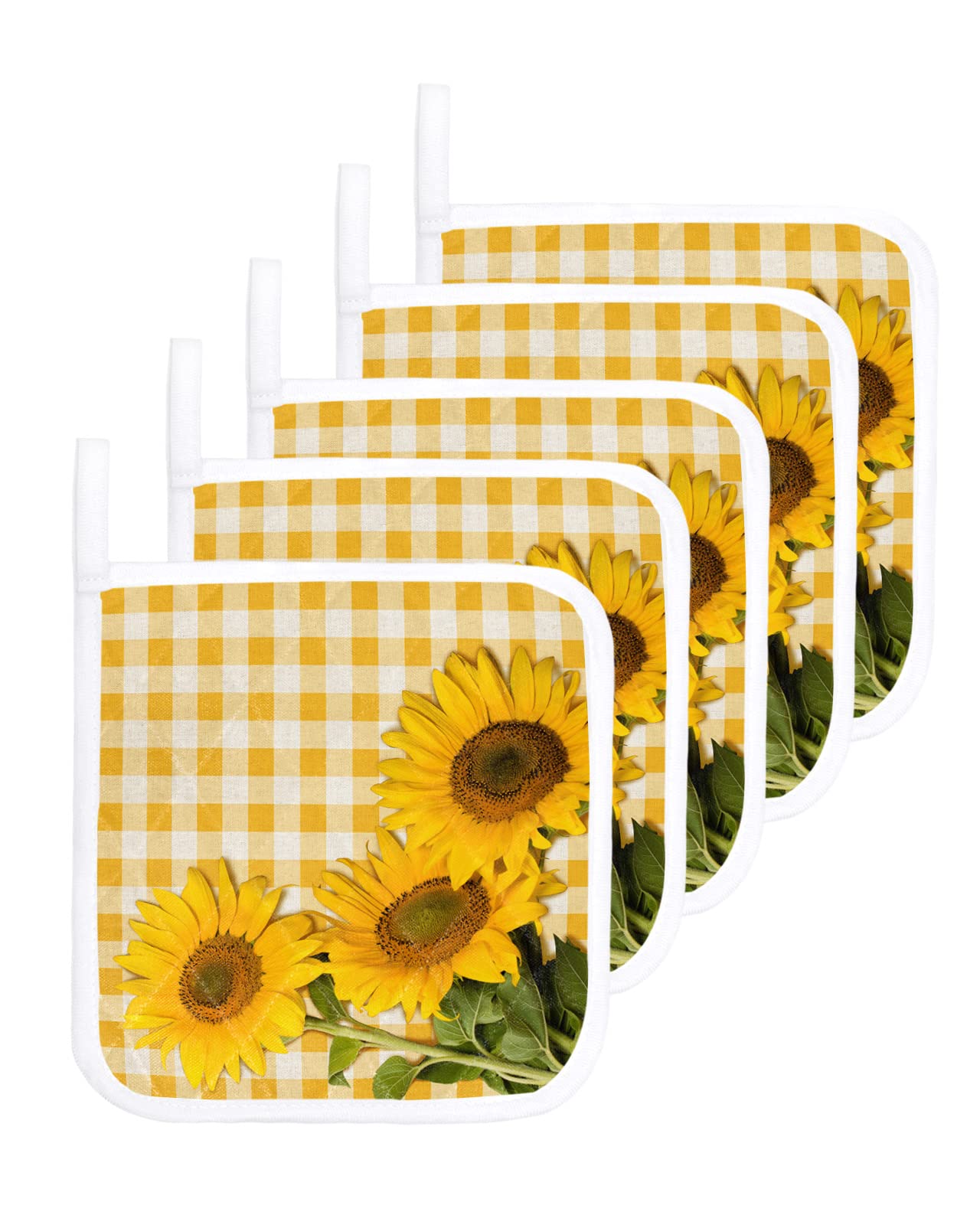 5 PCS Pot Holders with Hanging Loops, Rustic Sunflower Heatresistant Potholders Coasters Mat for Kitchen Cooking Baking BBQ Yellow Checkered Burlap Textured