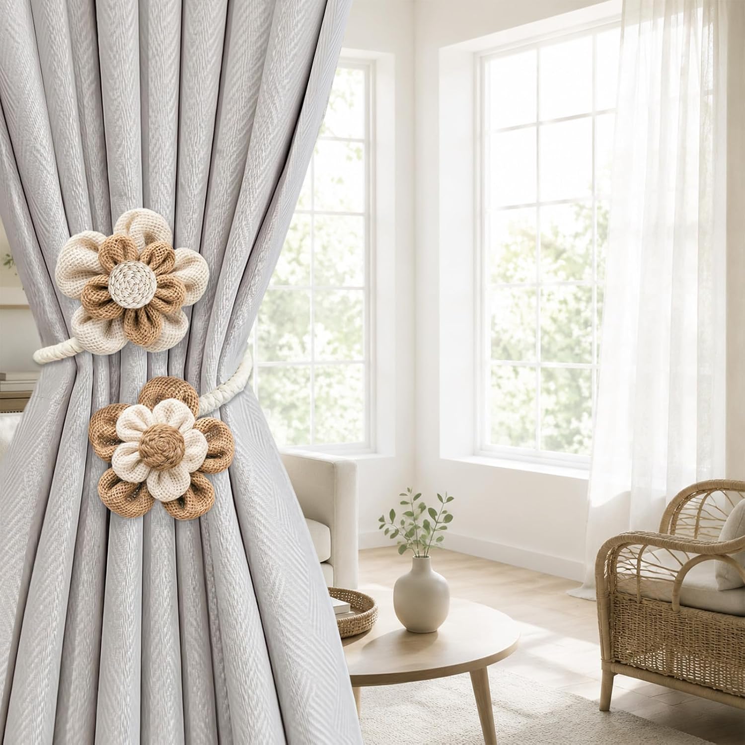 2 Pack Flower Curtain Tiebacks, Linen Cotton Curtain Holdbacks(White&Khaki)