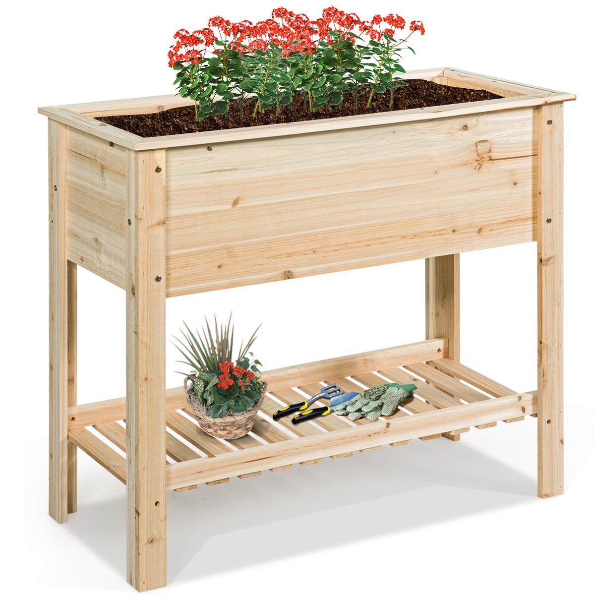 GOPLUS Huerto Urbano de Flores, Maceta de Cultivo de Madera de Abeto con Estante & Gran Superficie, Cama Elevada para Verduras y Flores, Jardinera para Balcón Patio Exterior, 92 x 41 x 81 cm