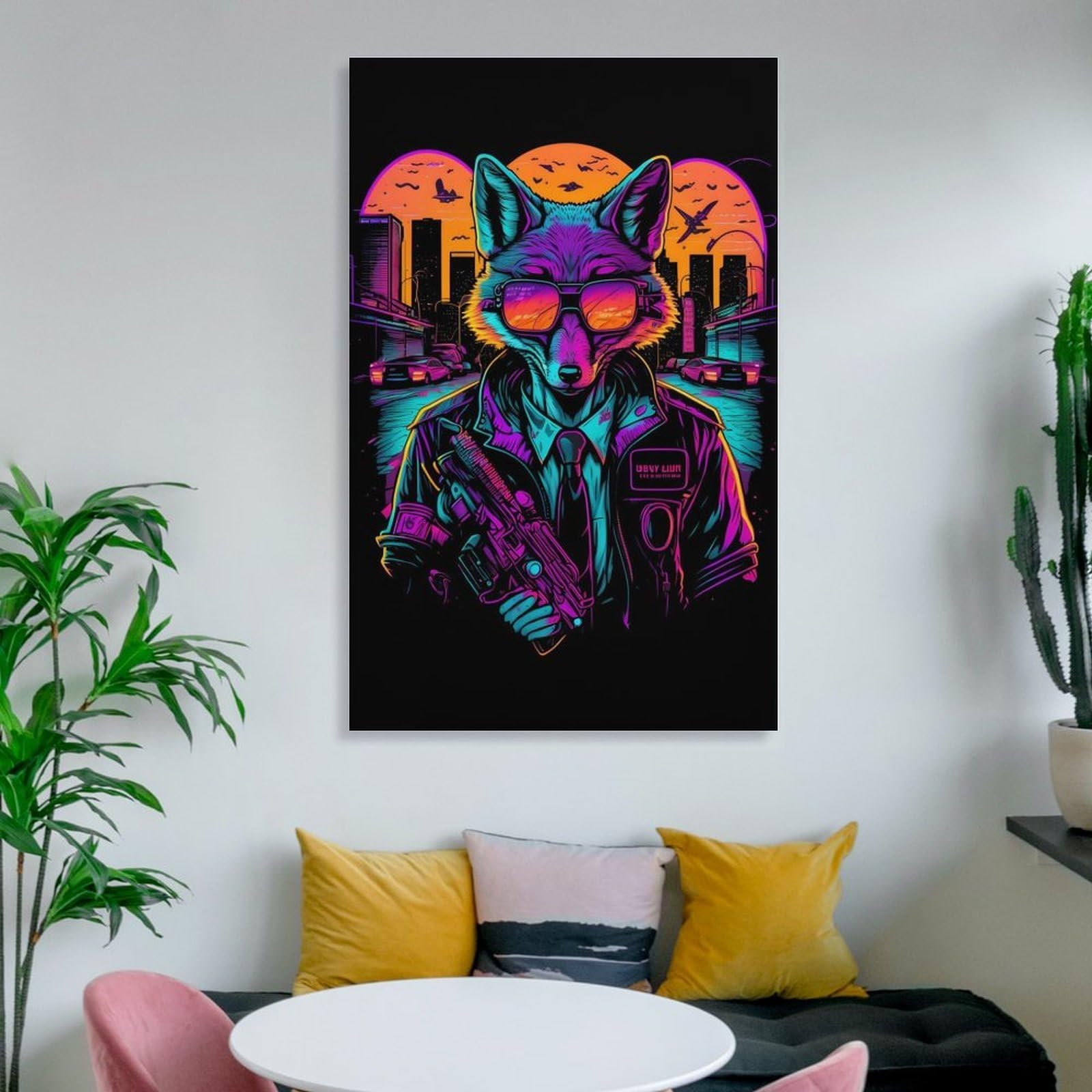 Junmoney Tableau Décoratif Avec Cyberfox in Neon Cityscape Pour Le Séjour Et La Chambre, Décoration Intérieure Pour La Maison, 16x24inch(40x60cm)