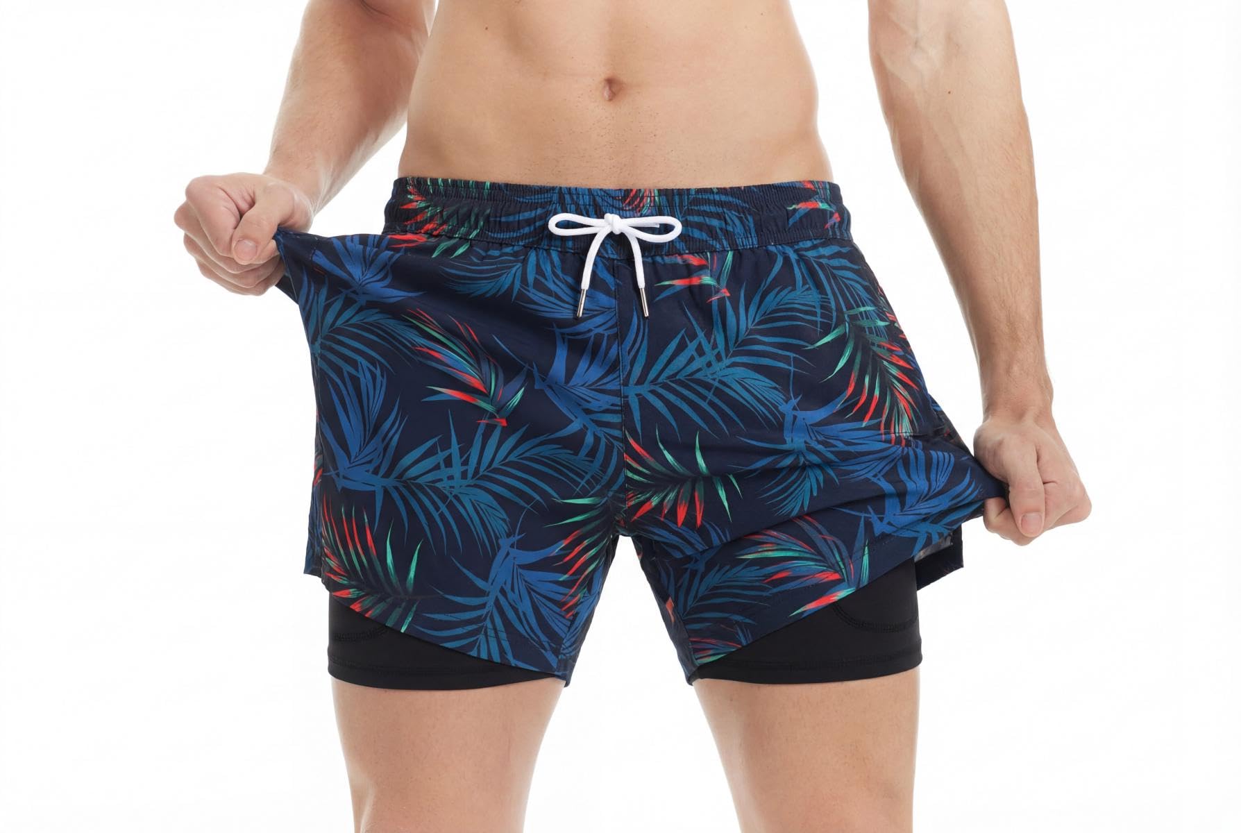 MaaMgic Herren Badehose mit Kompression Badeshorts 2 in 1|14cm Innenlänge Schnelltrocknend lässige Swim Shorts Kurz Boardshorts mit Innenhose Reißverschlusstasche XS-XXL