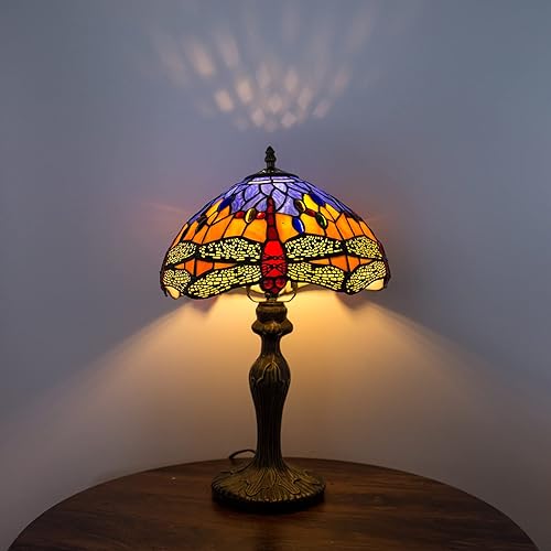 Miniatura 5 de Tiffany - Lámpara de mesa con diseño de libélula de color azul y naranja, para mesita de noche, luz de escritorio de lectura, 18 pulgadas de alto