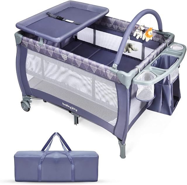 COSTWAY 3 in 1 Travel Cot, Foldable Baby Playard with Bassinet, Changing Table, Toy Bar, Wheels and Carry Bag, Infants Nursery Center for Boys Girls (Grey)