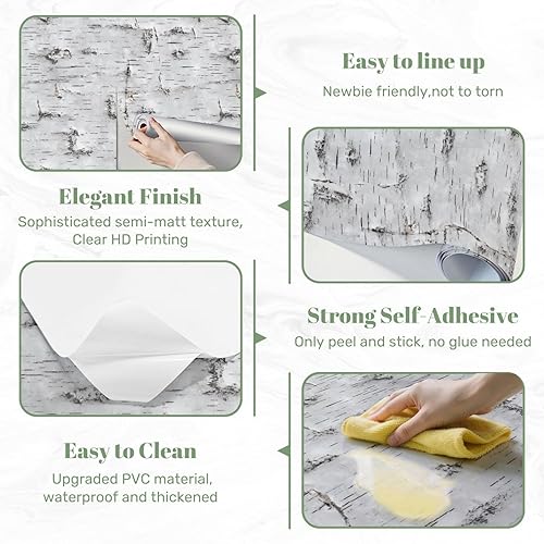 Miniatura 4 de Papel tapiz autoadhesivo de 17.7 x 118.1 pulgadas, textura de corteza de abedul blanco, nudos naturales, decoración de pared horizontal, papel de