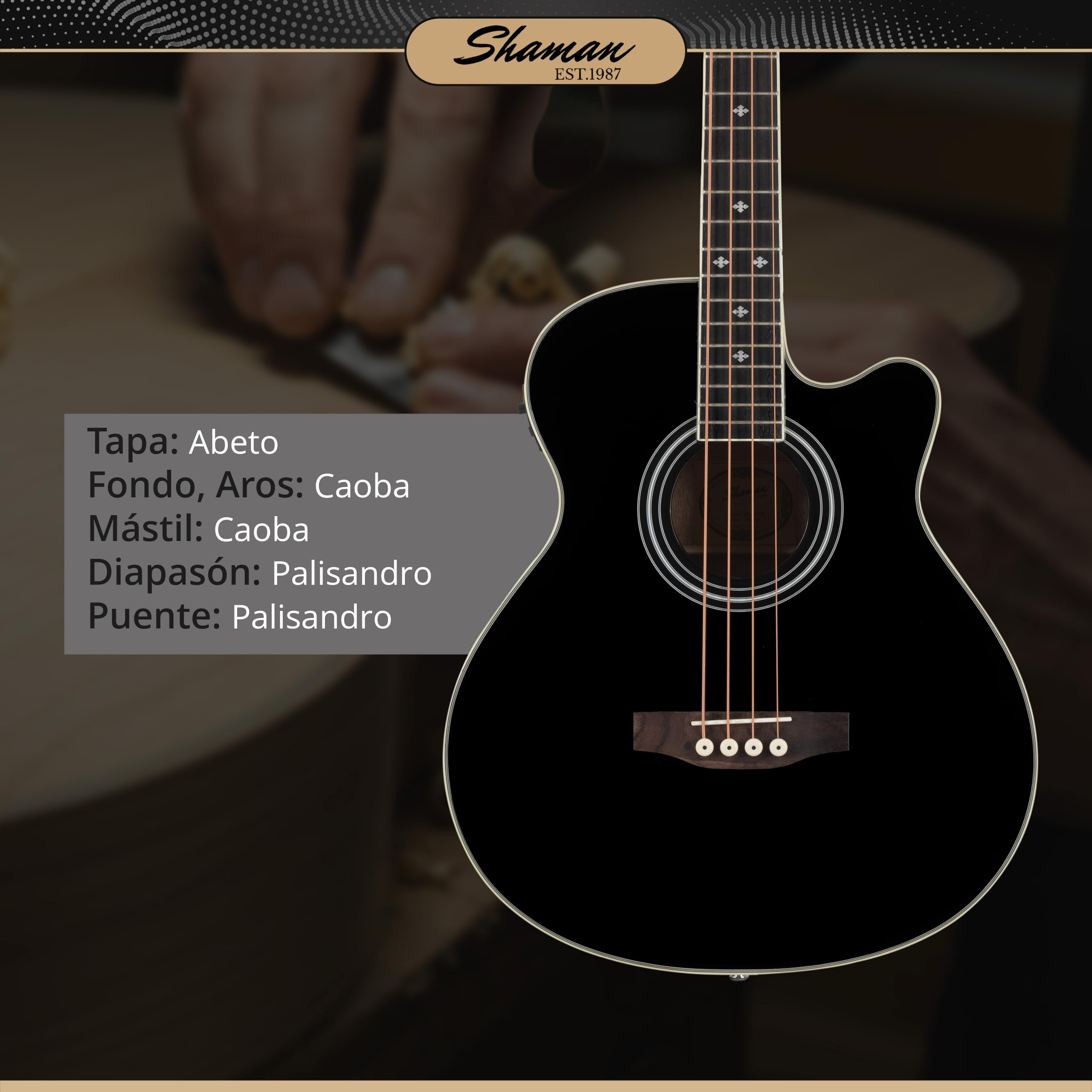 Shaman AB4-50CE-BK Bajo Acústico Negro, General, Modell: AB4-50CE-BK | Gewicht: 2, 8 kg, Anzahl Saiten: 4, Orientierung: Para diestros, Korpus, Korpusform: Jumbo con Cutaway, Decke: Abeto, Hals