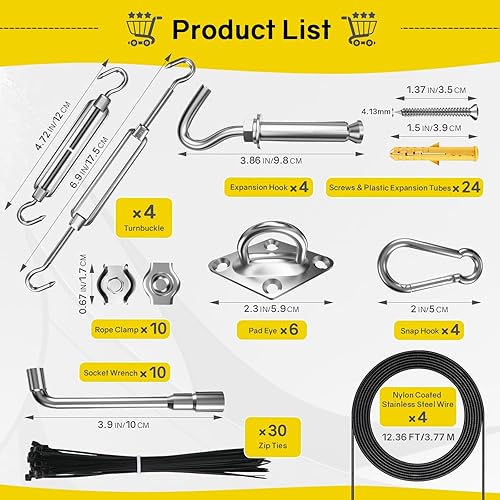Miniatura 2 de NEREUS Kit de accesorios para toldo con cuerda de alambre de acero inoxidable 304 recubierta de nailon de 12 pies, kit de instalación de vela para