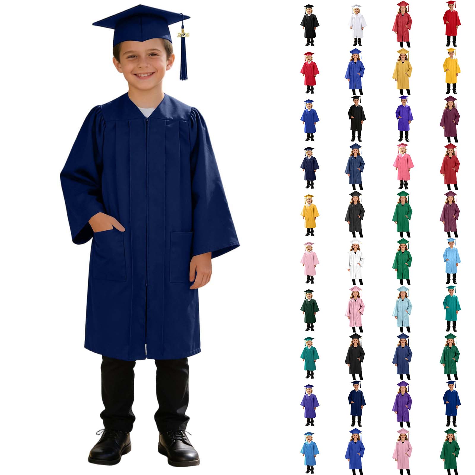 3 Piece Graduation Set for Kids, Gown, Cap, Gold 2026 Tassel, Unisex Boys Girls Preschool Kindergarten Primary School Graduation Gown and Cap Dress Up Props Costume, 19-Dark Blue