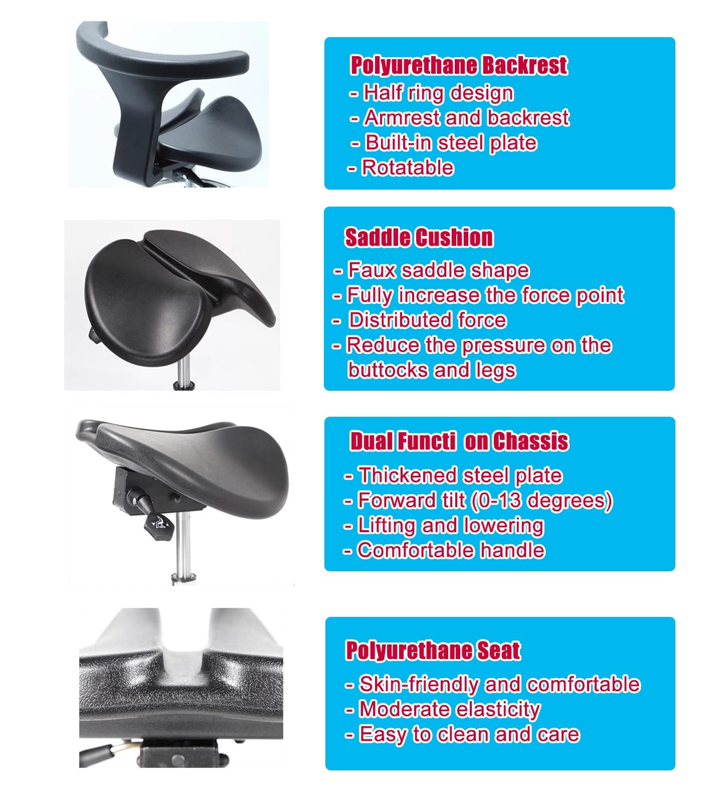 Ergonomischer Sattelstuhl mit Rückenstütze, medizinischer Rollhocker für Zahnarztpraxis & Zuhause, verstellbare Höhe & zwei Neigungsoptionen, Sattelstil geteilter Sitz Design