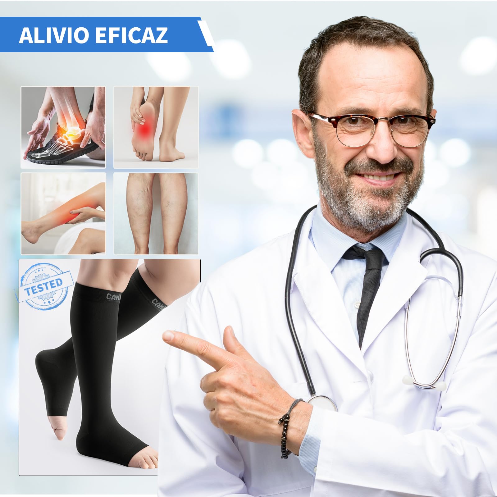 CAMBIVO Medias de Compresión con Punta Abierta 20-30 mmHg, Calcetines Compresion Mujer Hombres, Medias Compresion Clase 2, Compression Socks para Varices, Circulacion Piernas, Enfermera, Running