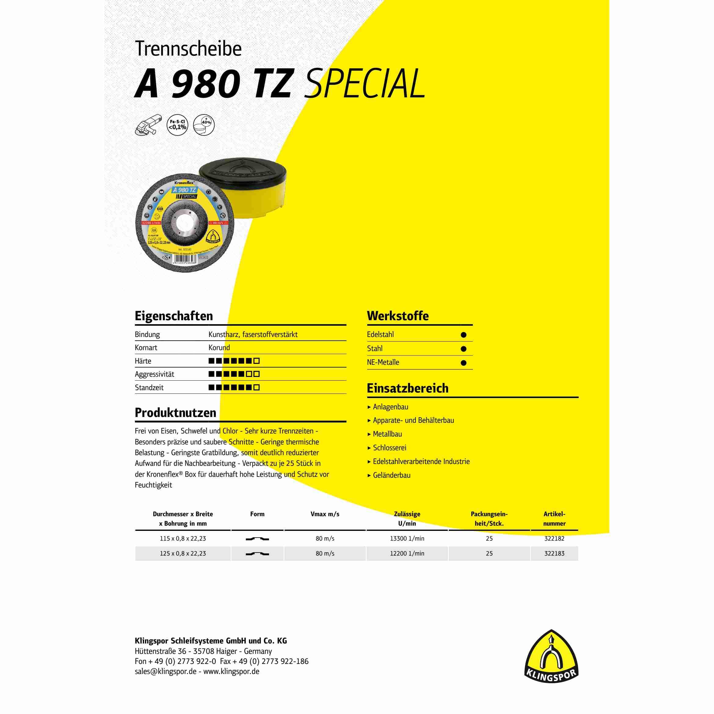 25 x Dischi da taglio Klingspor A 980 TZ, 115 x 0,8 x 22,23 mm centro depresso