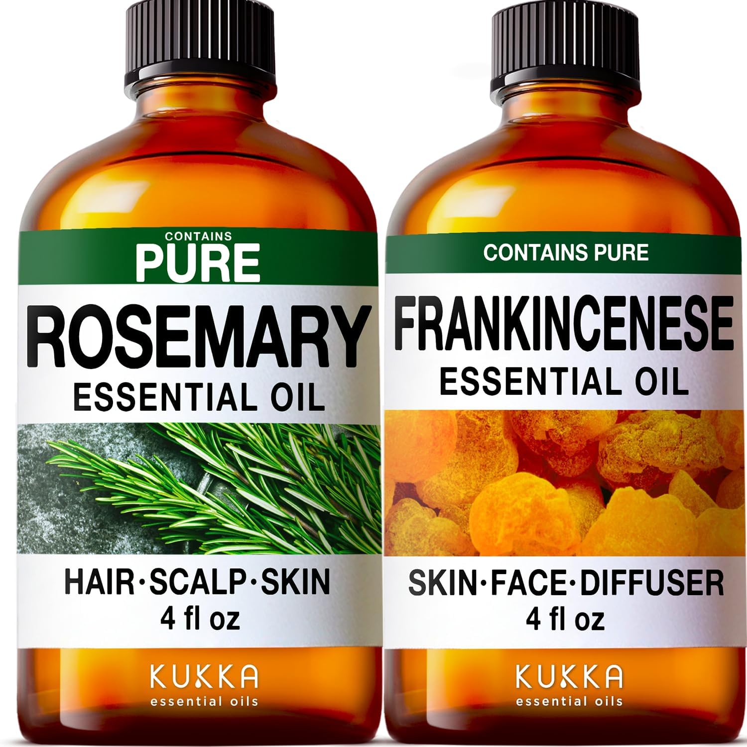 Rosemary Oil for Hair & Frankincense Oil for Skin Set - Aromatherapy Grade Essential Oils Set - 2X 4 Fl Oz - Kukka