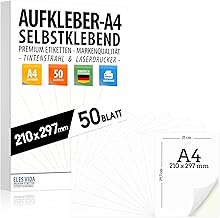 Self-Adhesive Labels DIN A4, Pack of 50, 210 x 297 mm, Printable, Universal, Matte White Surface, Compatible with Inkjet and Laser Printers, Stickers for Versatile Applications, Made