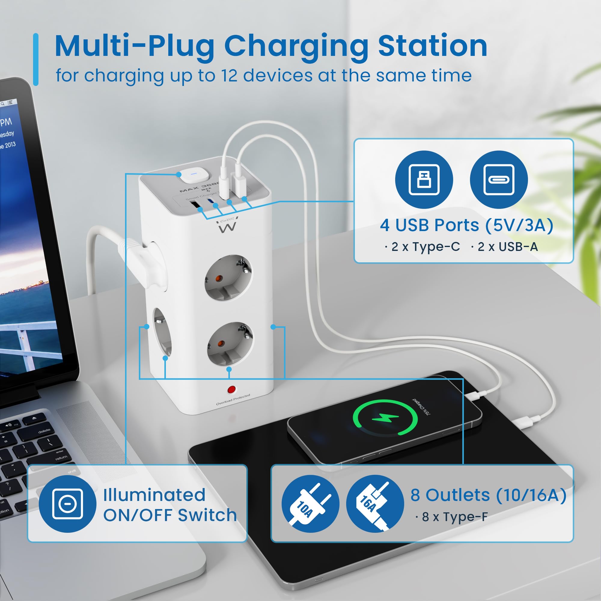 Ewent Pionowe gniazdo wieżowe 12 w 1 (3680 W/16 A); gniazdo wielofunkcyjne z 8 gniazdami wtykowymi Schuko, 2 USB-C i 2 USB-A, z włącznikiem światła, ochrona przed przepięciem, kabel 2 m, do urządzeń