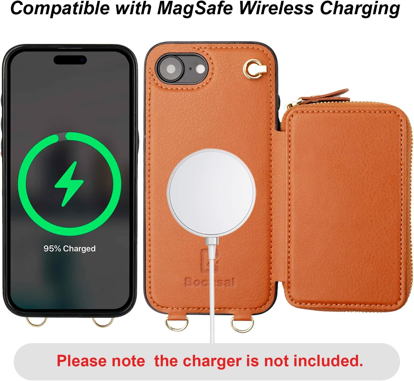 Bocasal for MagSafe Crossbody Wallet Case Compatible with iPhone 17e/16e, RFID Blocking Protective Purse Case with Card Slots Holder Kickstand Wrist Strap Lanyard Zipper 6.1 Inch 5G (Brown)