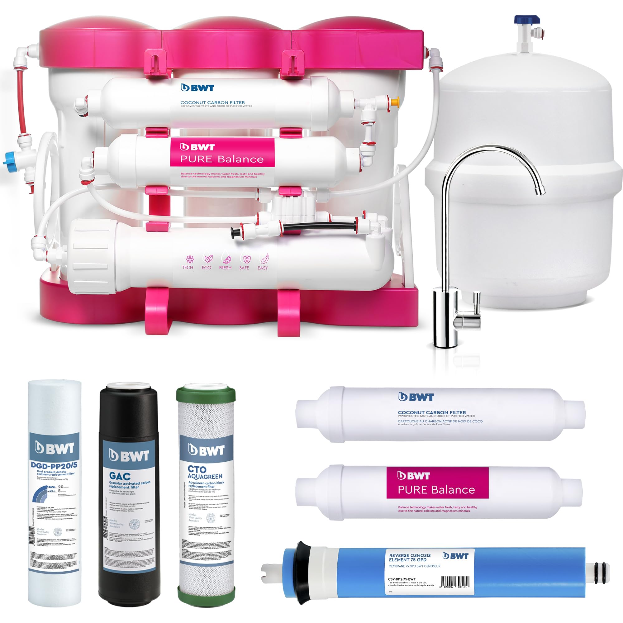 BWT Ósmosis Inversa Doméstica PURE Balance, 6 etapas, 280 L/día, elimina 99,9 % impurezas, proporción agua pura/drenaje 1:1, instalación bajo fregadero