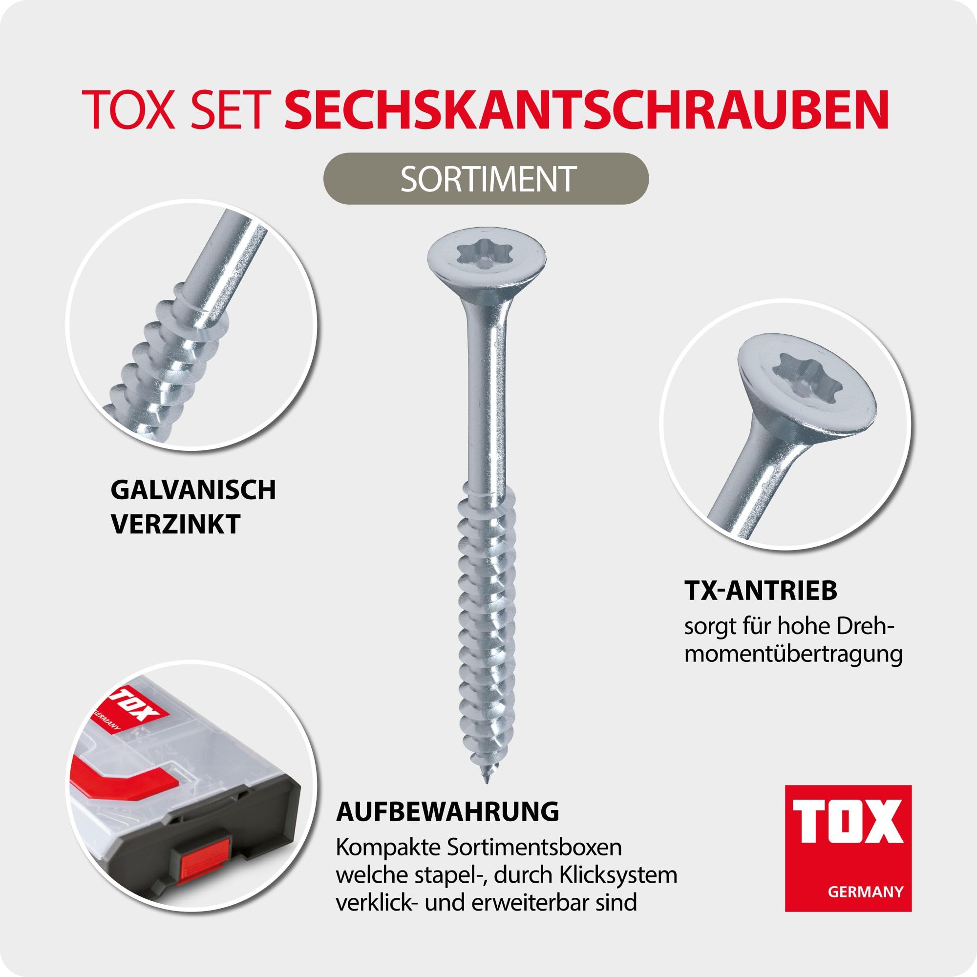 TOX L-BOXX Mini Spanplattenschrauben-Sets mit 3 und 3,5/4 / 4,5 und 5 mm, TX-Antrieb und Vollgewinde, 3 verklickbare Sortierboxen mit insgesamt 18 Größen und 1460 Holzschrauben, 094909172