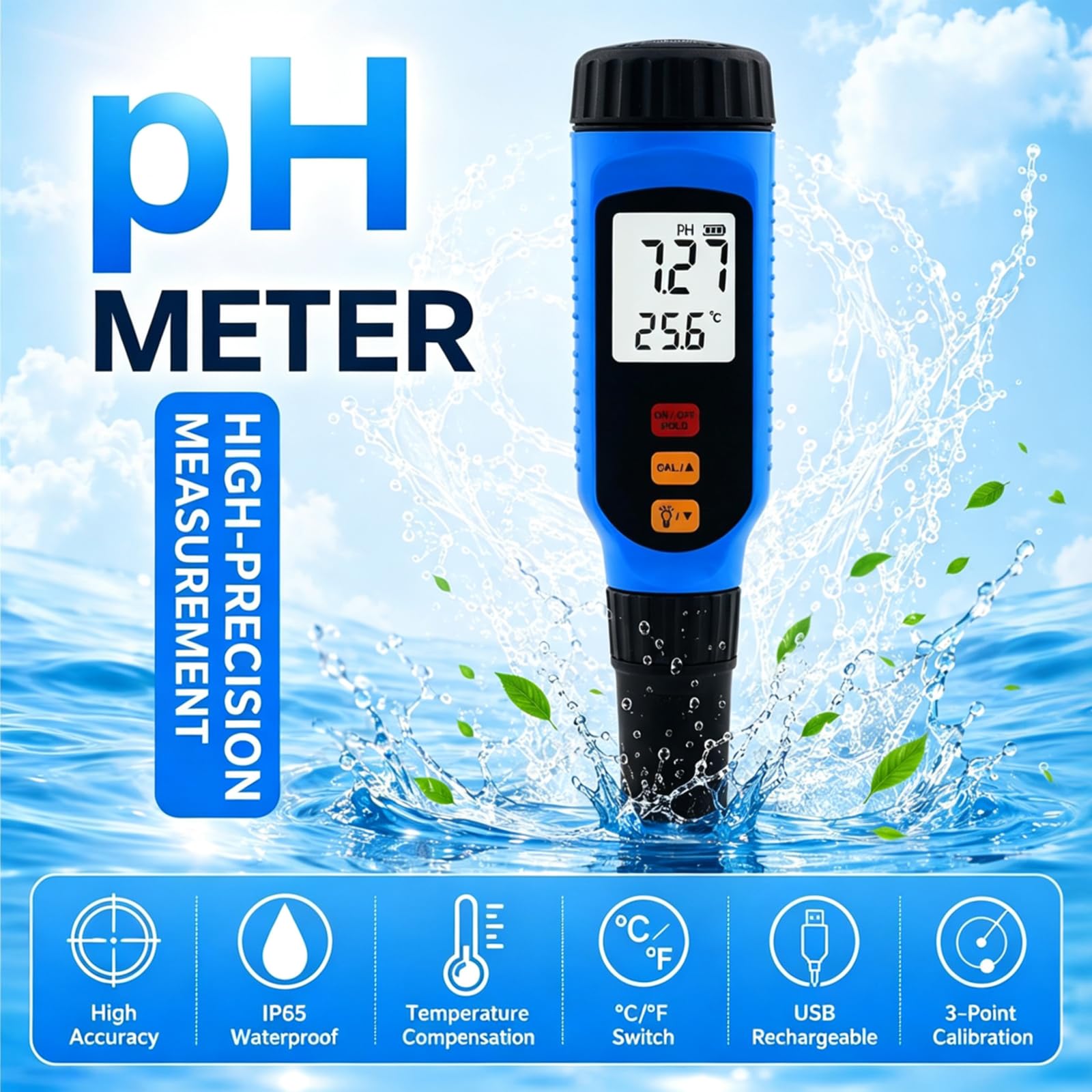 Medidor De Ph con Sonda Plana Ip65, Probador Digital De Superficies con ATC, Calibración De Tres Puntos Y Función De Retención De Datos; Mide El Ph En Líquidos, Tejidos, Cuero Y Pieles