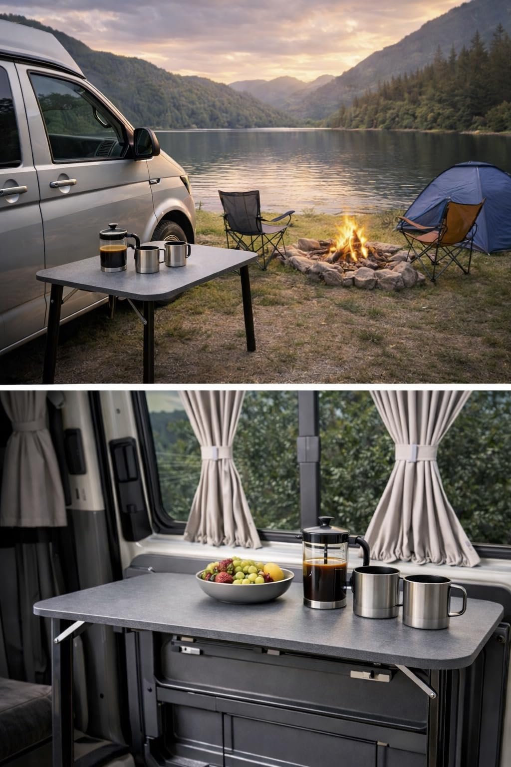 Panneau de porte coulissante avec table de camping intégrée pour VW T5, T6, T6.1, solution d'aménagement intérieur gain de place, table robuste et résistante aux intempéries, installation sans perçage