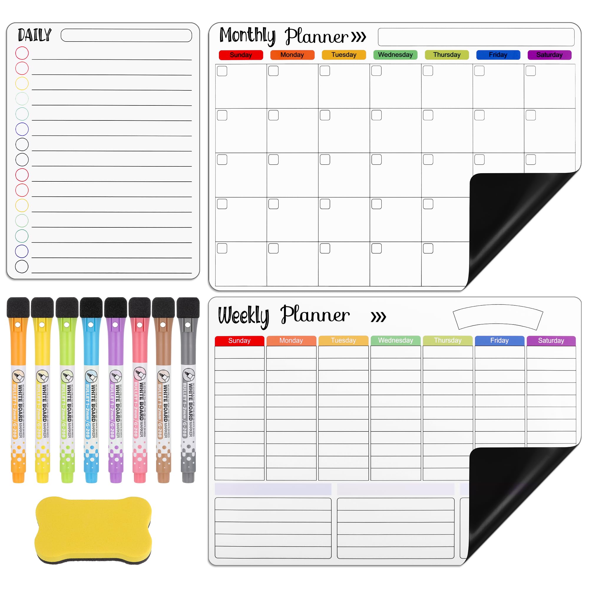 JIANTA Calendario Magnetico Nevera Mensual, 3 Planes Mensual, Semanal y Diario, Planificador Magnético Nevera, Pizarra Magnéticas Nevera, Planificador Semanal incluye 8 marcadores de borrado en seco