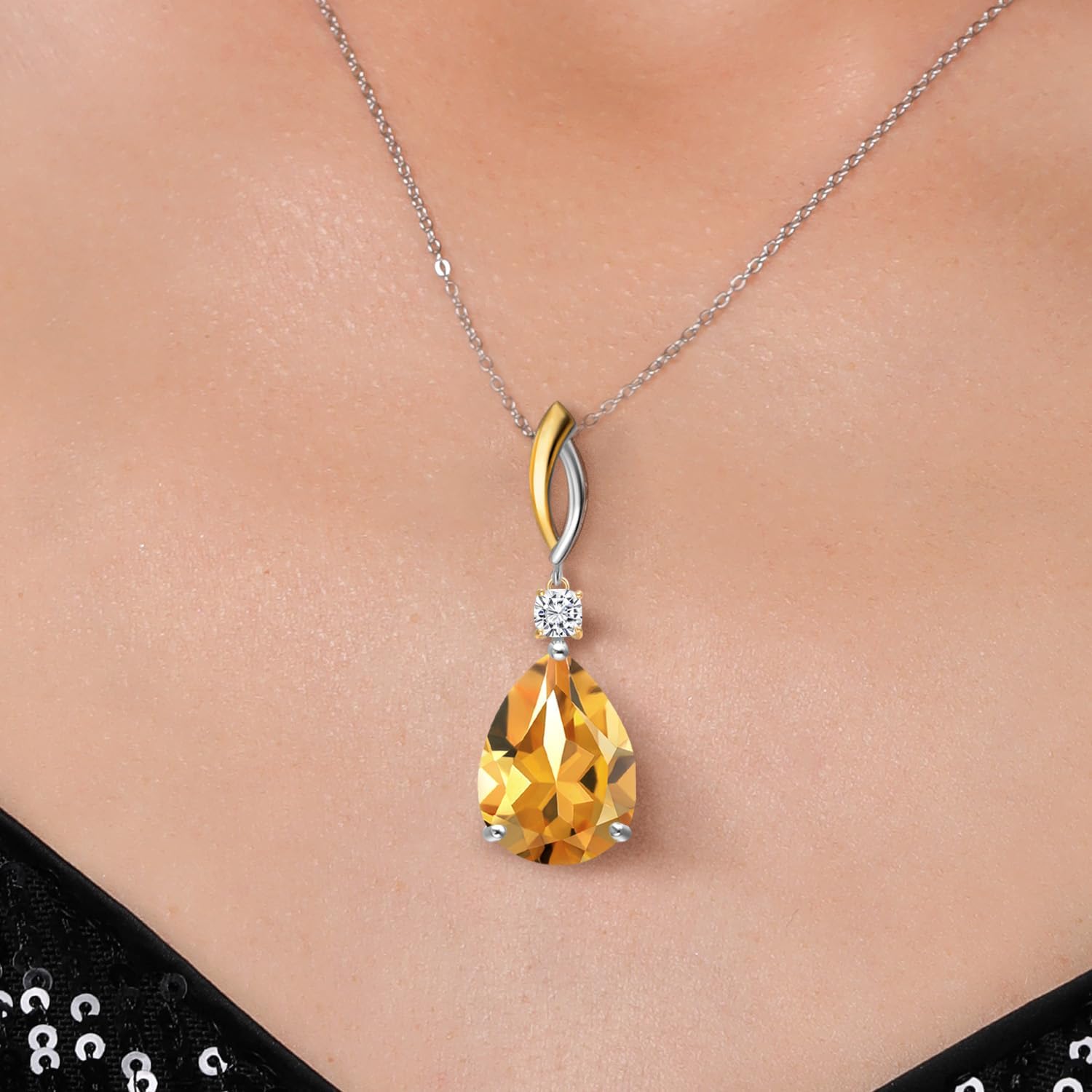 Gem Stone King 925 Silver and 10K Yellow Gold Yellow Citrine and White Moissanite Pendant Necklace for Women | 11.12 Cttw | Gemstone November Birthstone | Pear Shape 18X13MM | With 18 Inch Chain - Image 3