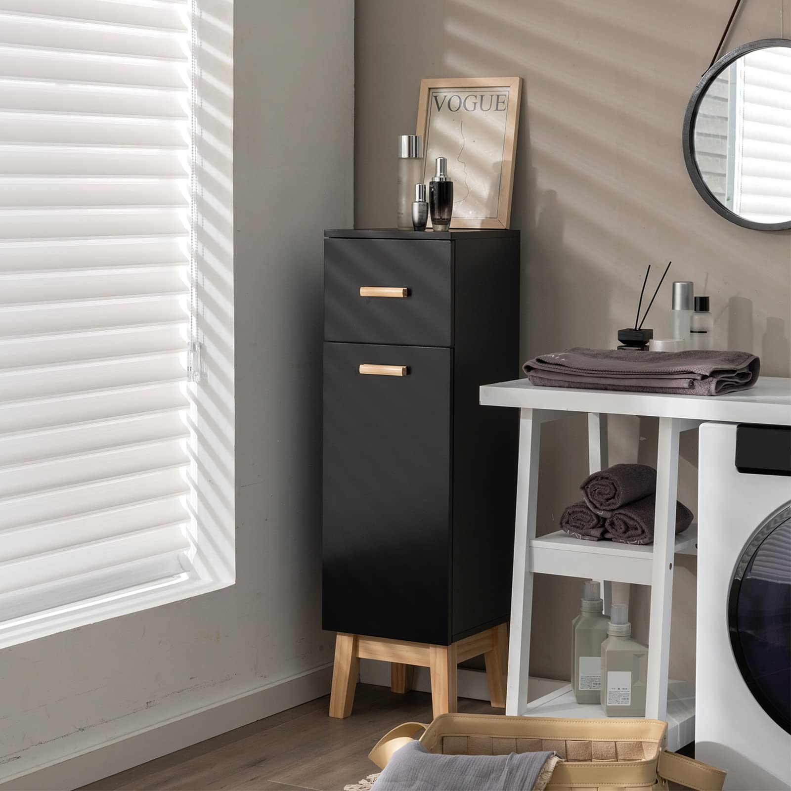 COSTWAY Meuble Autoportant de Salle de Bain avec 1 Tiroir et 1 Porte,Armoire de Rangement sur Pieds avec Etagères Réglables,Placard en Bois Moderne pour Salon Cuisine,30 x 30 x 102cm,Noir